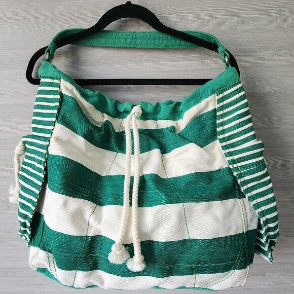 Gap Hobo Beach Pool Tote Bag White Green Weekender Rope Drawstring Snap Recycled - Picture 16 of 16